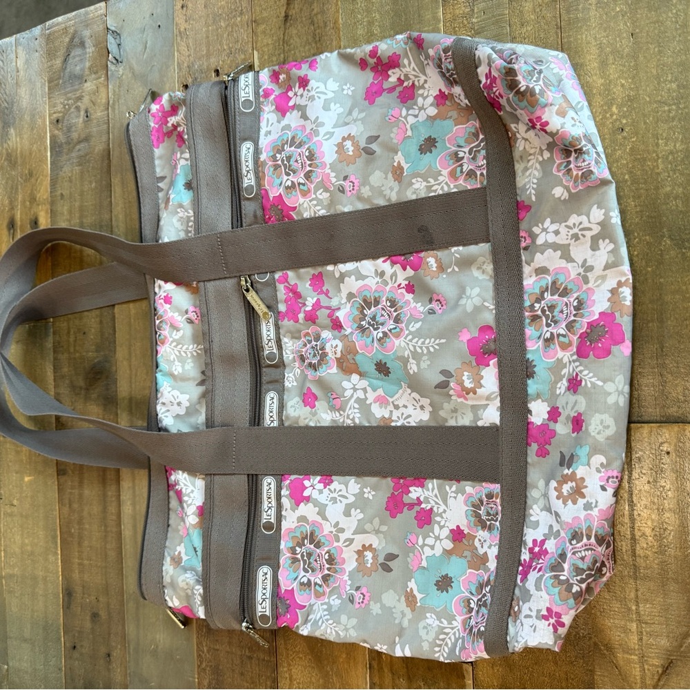 LeSportsac Set of 3: Pink and Gray Floral Tote, Packing Cube, and Clear Bag